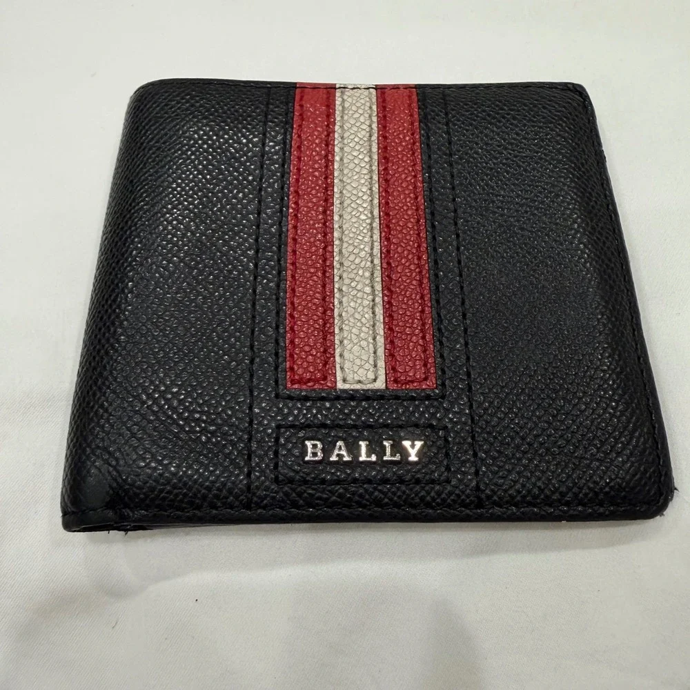 Bally Switzerland Mens Black Grained Leather Trainspotting Stripe Bifold Wallet
